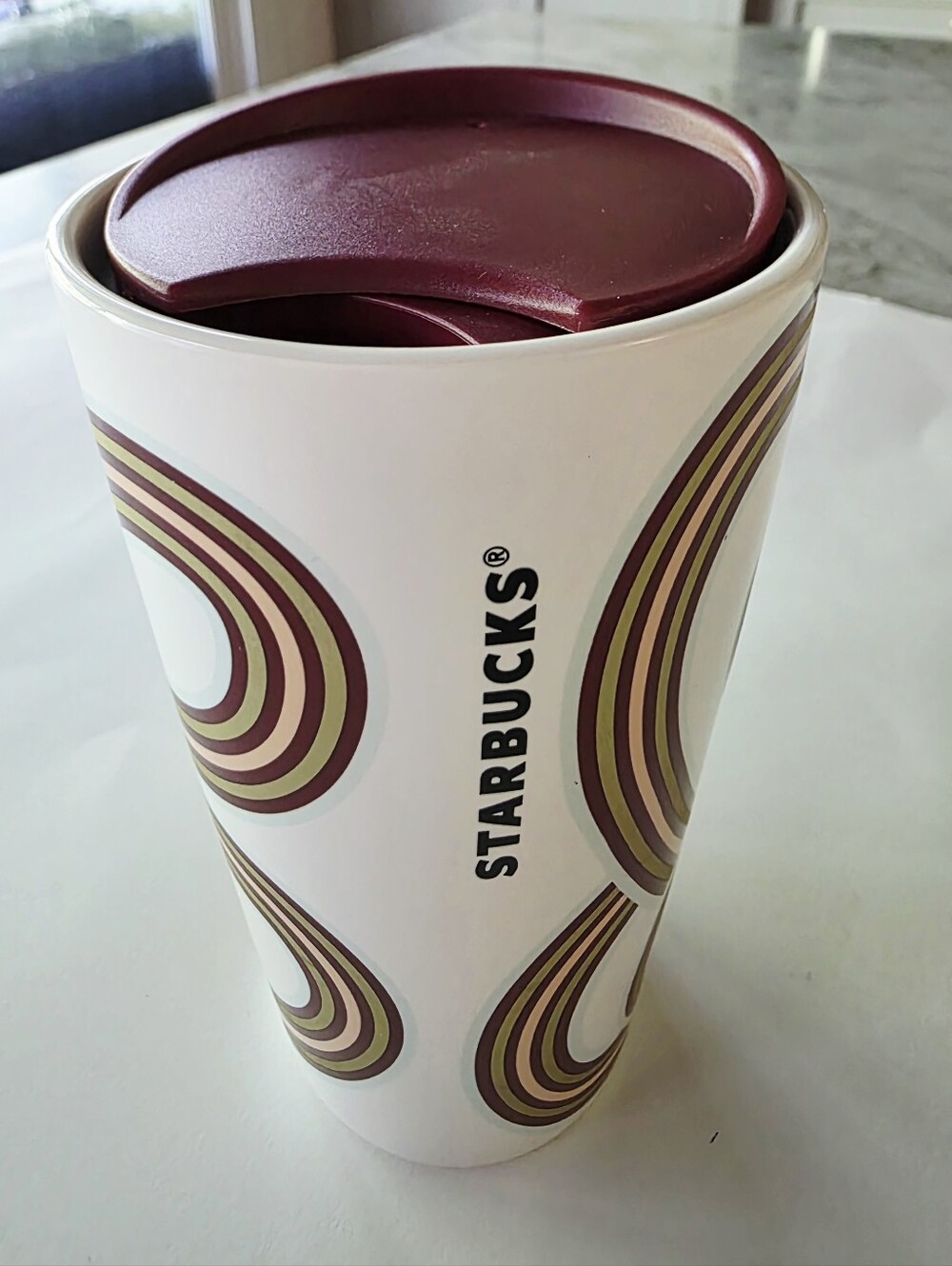 Starbucks White Tumbler with Maroon and Tan Swirl Design - 12fl oz